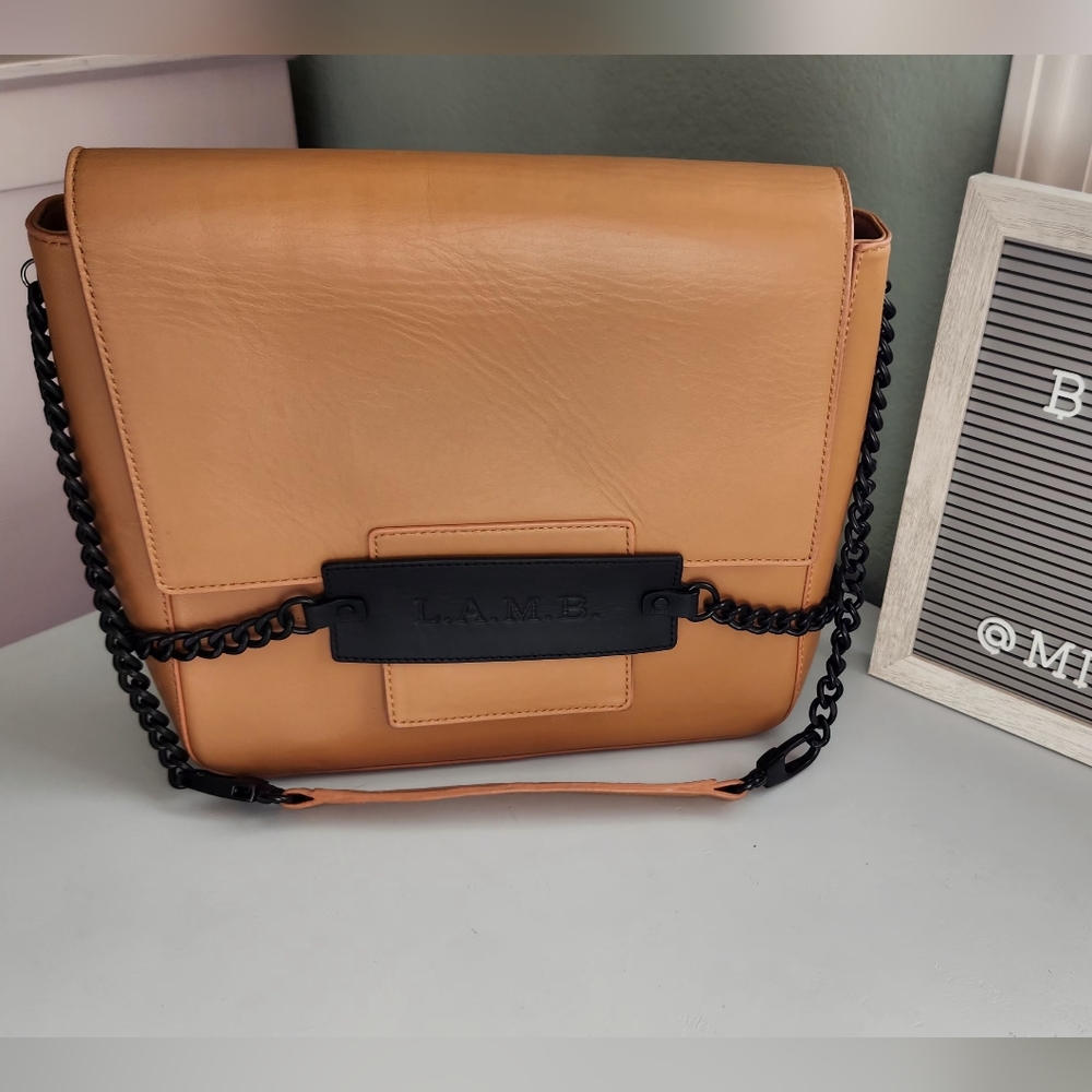 L.A.M.B. Tan Shoulder Bag with Black Chain Detail